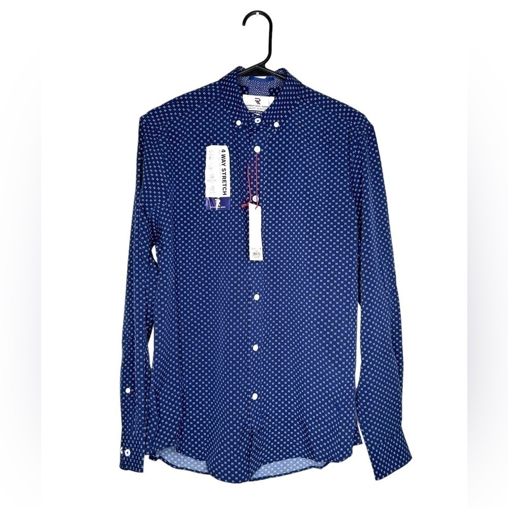International Report Men’s Navy Stretch Long Sleeve Button Down Modern Fit Small